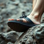 Close-up of a person's foot wearing black sandals on a rocky surface. The sandals have straps and are designed for outdoor use. The background is blurred, highlighting the rocky terrain.