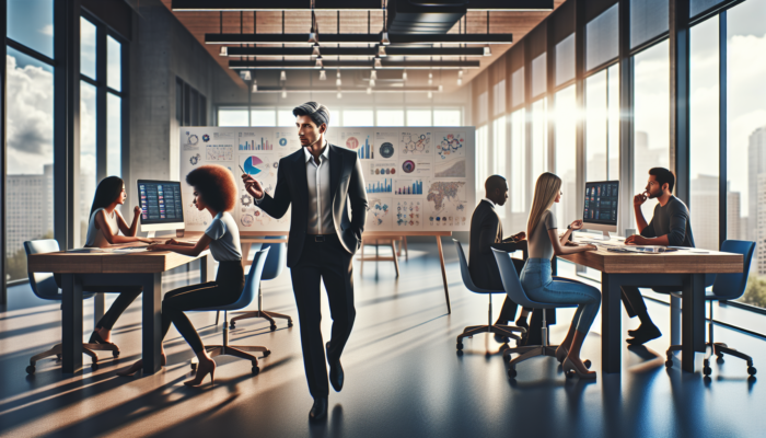 Jonathan Mildenhall guiding a diverse team in crafting personalized, data-driven marketing strategies in a modern office.