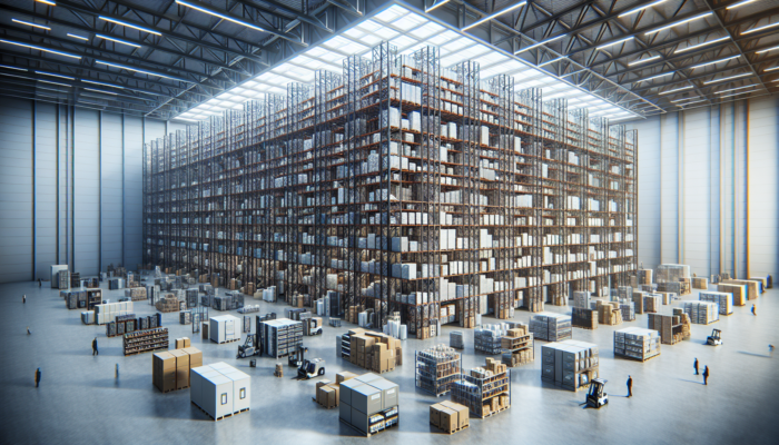 A large industrial warehouse with towering shelves full of diverse goods, showcasing size and capacity considerations.
