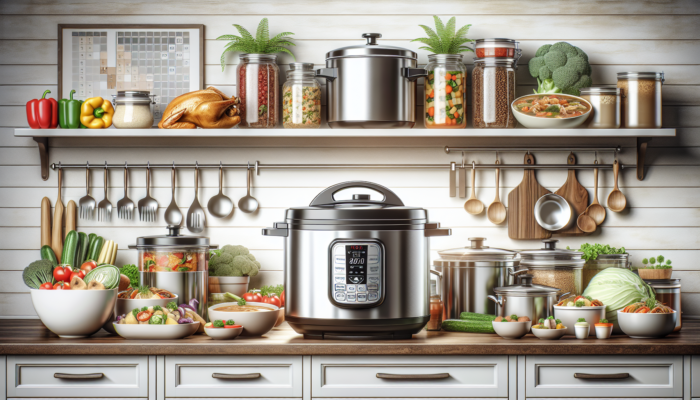 8-quart pressure cooker on kitchen counter with prepared meals for weekly meal planning.
