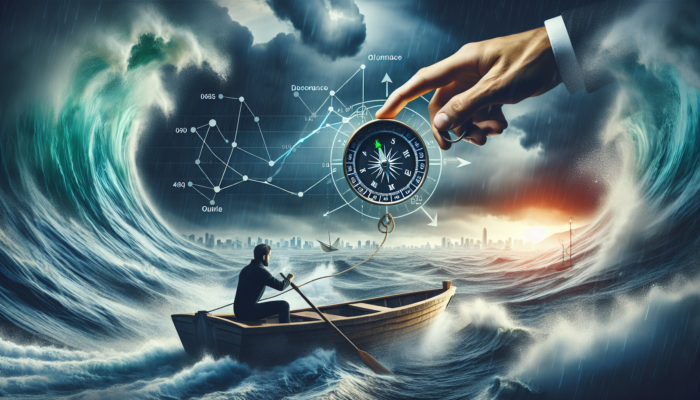 An individual using a 'Financial Management' compass to navigate stormy seas toward a calm, prosperous horizon.