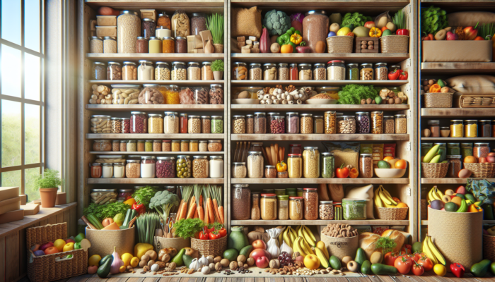 A diverse food stockpile with organized shelves of proteins, fats, carbs, and colourful fruits and vegetables.