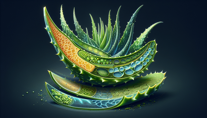 A cross-section of an aloe vera leaf showing acemannan and aloin's healing effects on skin.