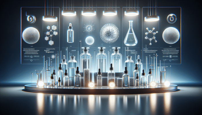 Bottles of hair serum ingredients like argan oil, keratin, and silicone in a modern lab.