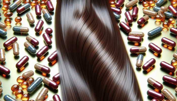 Vibrant hair treated with Vitamin E serum, showing reduced frizz and enhanced shine, with antioxidant capsules.
