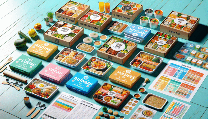 A variety of meal kits displayed on a kitchen counter, showcasing gluten-free, vegan, and meat options with budget labels.