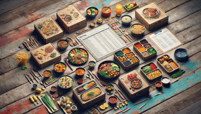 An assortment of diverse meal kits displayed on a rustic table, showcasing Italian, Asian, and vegan options with price tags.