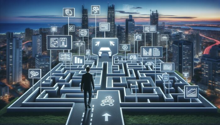 Individual confidently navigating a maze representing rental car policies in a modern cityscape at twilight.
