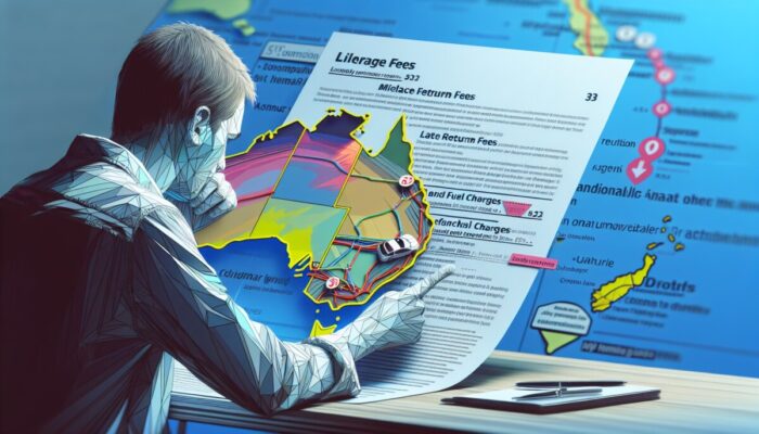 Individual reviewing rental agreement, highlighting fees, with Great Ocean Road map in background.