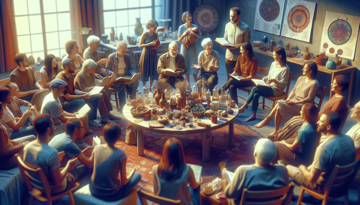 A warm gathering where family and friends share stories and items, aiding in decluttering and fostering community.