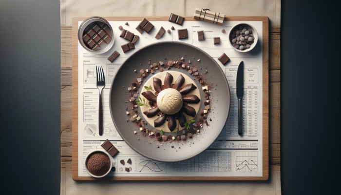 A beautifully arranged dessert plate with chocolate shavings and ice cream, creatively framed by herbs and napkins.