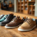 A row of five pairs of casual leather shoes, perfect for wide feet, is arranged on a wooden table. Each pair varies in colour, including navy blue, turquoise, and shades of brown. A blurred background reveals shelves and a person sitting in the room, showcasing these top recommendations.