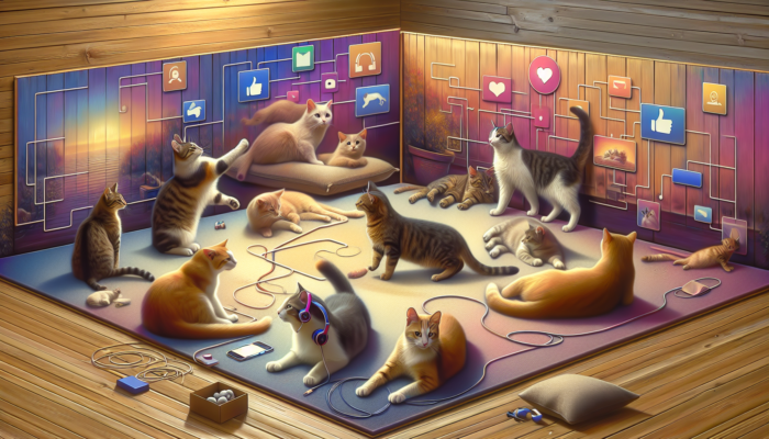 A colorful digital illustration depicting cats in a cozy online community with a 'Join Our Feline Community on Facebook' banner.