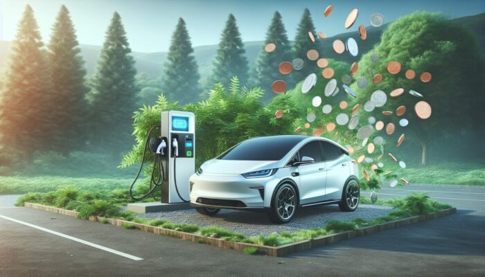 A modern electric car at a charging station surrounded by greenery, highlighting low cost savings.