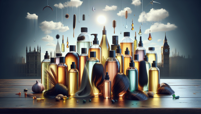 Bottles of various hair oils on a wooden table, labeled with benefits for different hair types, set against a backdrop of UK weather.