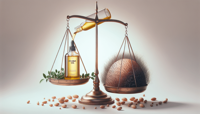 Jojoba oil balancing natural scalp oils, with tea tree leaves, promoting a healthy, dandruff-free scalp.