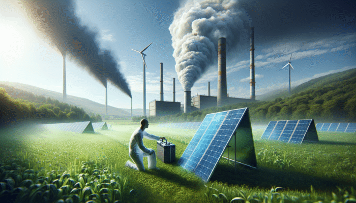 Installing portable solar panels in a lush green field, juxtaposed against a faraway smoky fossil fuel power plant.