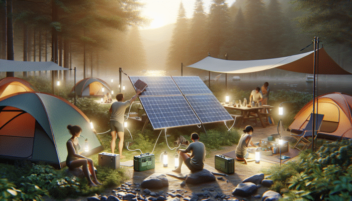Family camping, setting up portable solar panels to power lights and gadgets for a seamless weekend getaway.