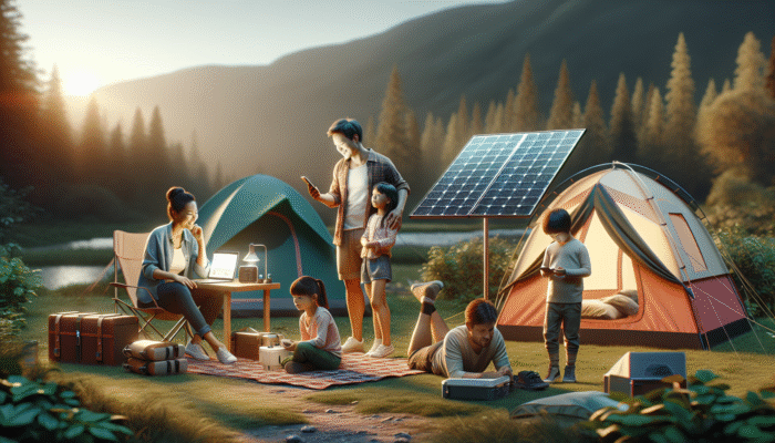 Family camping in a national park, utilizing polycrystalline solar panels to power their campsite at dusk.