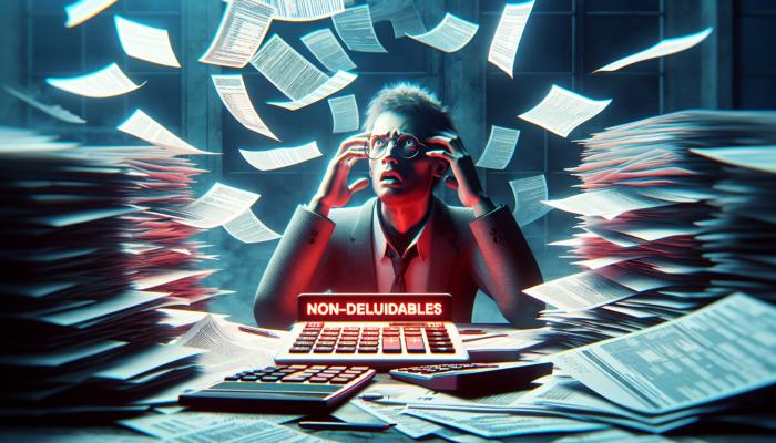 Are Debt Consolidation Fees Tax-Deductible: A Guide | DCL Person looking perplexed amidst scattered documents and calculators, with a tax form highlighting non-deductible fees in red.