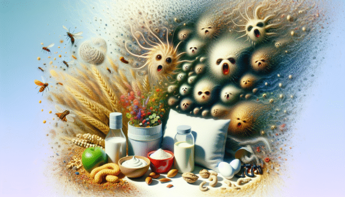 Common allergy triggers in the UK: pollen, dust mites in bedding, and food allergens on a table.