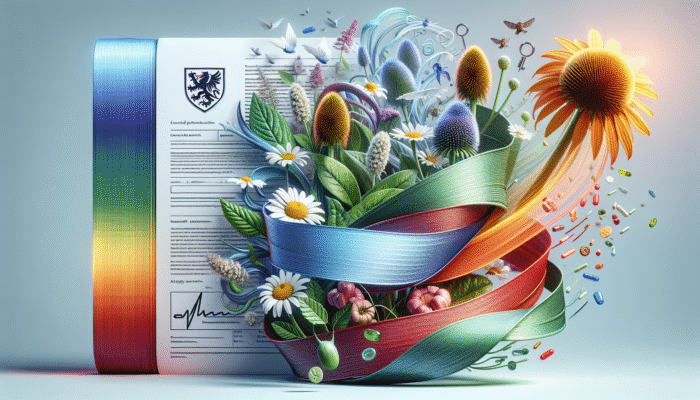Legal document on herbal remedies in the UK, featuring chamomile and echinacea, symbolizing consumer protection and product efficacy.
