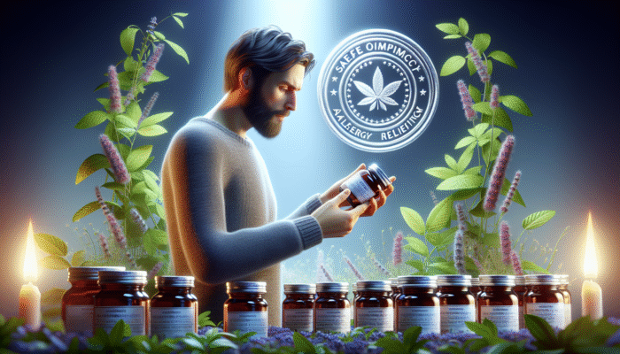 A UK consumer checks herbal allergy relief product labels for safety compliance, surrounded by herbs and a safety seal.