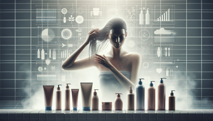 Woman applying conditioner to salon-treated hair, surrounded by moisturizing products in a luxurious bathroom environment.