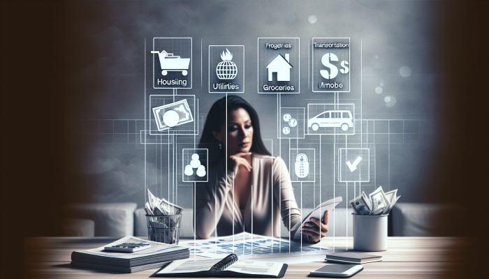 Person arranging expense list with icons, prioritizing housing, utilities, groceries, transportation over mobile phone.