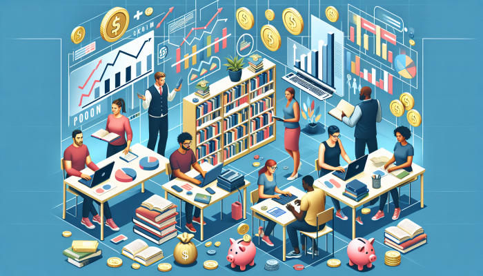 Diverse group engaging with financial literacy resources: online courses, workshops, library books, financial symbols.