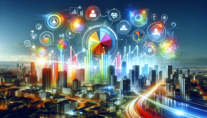 A vibrant Bing business profile showcasing graphs of increased traffic and trust against a bustling city background.