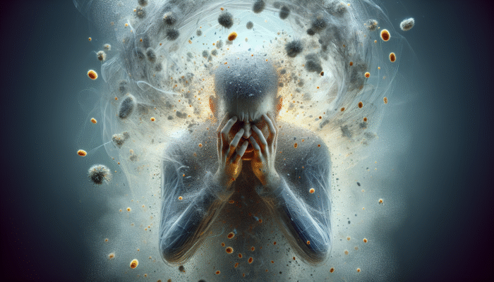 Individual with irritated scalp and hair loss amidst floating pollen, illustrating allergy impact on hair health.