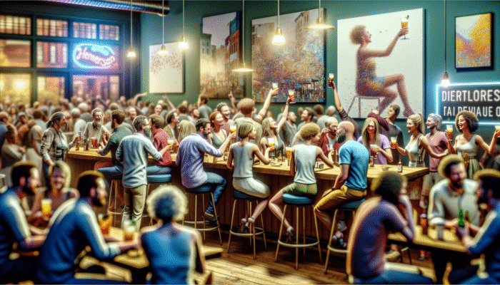 Experience the best day drinking bars in Henderson: A vibrant downtown bar scene featuring local art, lively patrons, and community events.