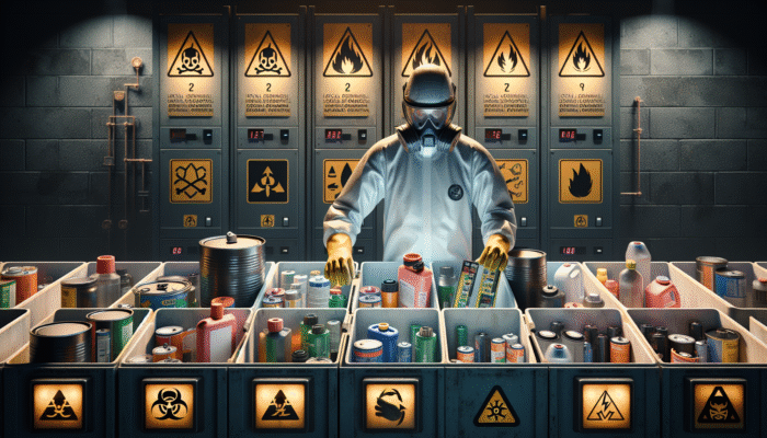Individual in protective gear sorting hazardous materials into labelled containers at recycling center, following safety guidelines.