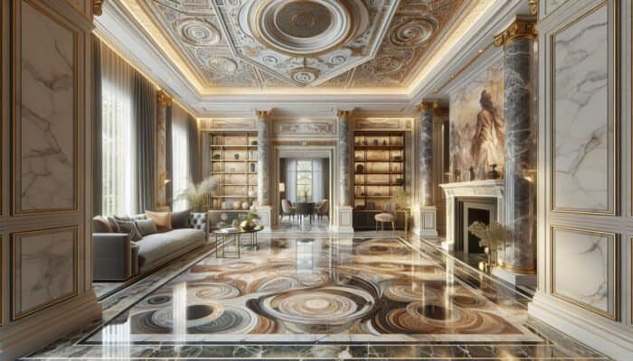 Beautiful marble flooring in a luxurious Midlothian residence, enhancing sophistication with a variety of colors and natural veining.