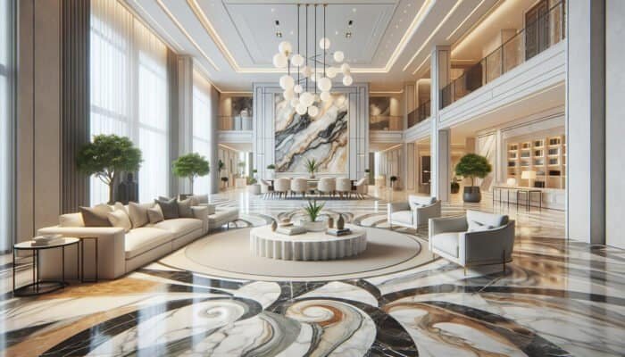 Interior of an upscale Midlothian home featuring Carrara, Calacatta, and Statuario marble, showcasing their unique patterns and colors.
