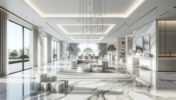 Statuario marble flooring in a luxurious Midlothian residence, featuring white with grey veins, enhancing a bright and sophisticated ambiance.