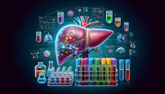 Comprehensive Liver Blood Test in Stowmarket: Illustration depicting a liver with highlighted sections, surrounded by test tubes and diagnostic charts, symbolising advanced liver blood testing.