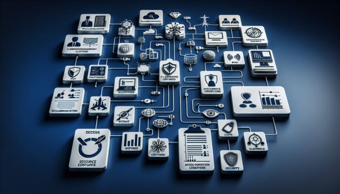 Infographic depicting clearance levels in electronics, featuring icons for defence, telecoms, and data centers, along with a flowchart of access conditions and security protocols.