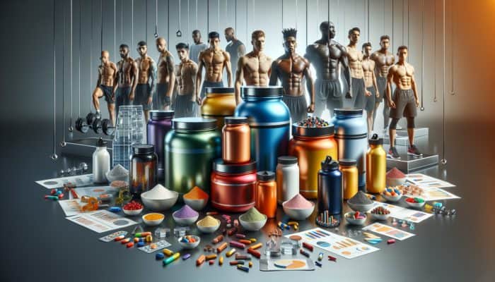Array of performance-enhancing supplements on a modern table, athletes training in the background.