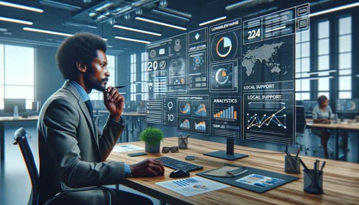 A South African entrepreneur evaluating affordable newsletter platforms with a budget chart in a modern office setting.