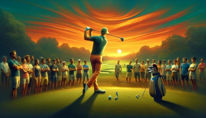 A South African golf professional providing swing tips at sunset on a lush golf course, with students observing eagerly.