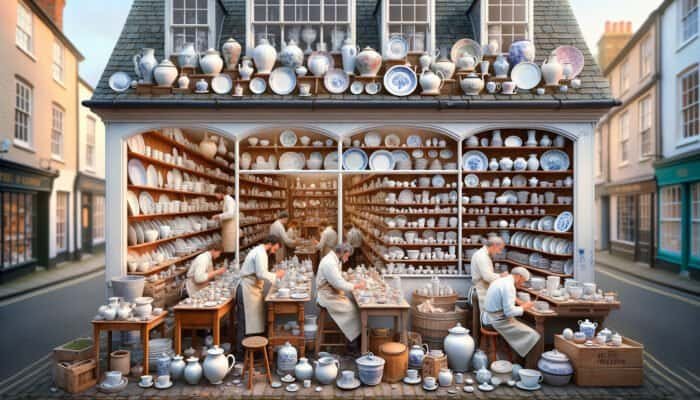 A welcoming East Calder porcelain repair shop featuring skilled artisans at work, offering tailored consultations.