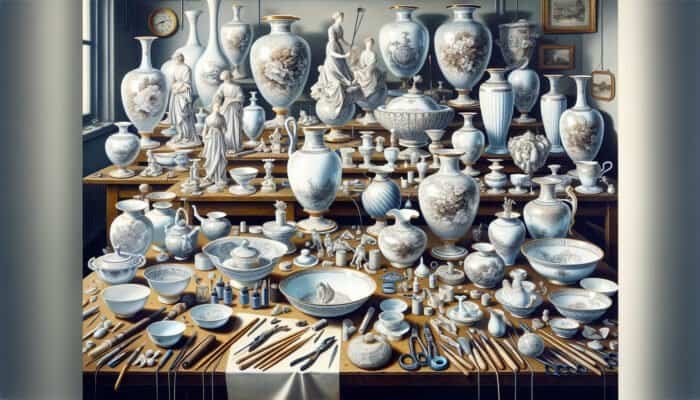 Skilled artisans in East Calder repairing porcelain items like vases and figurines, showcasing their expertise.
