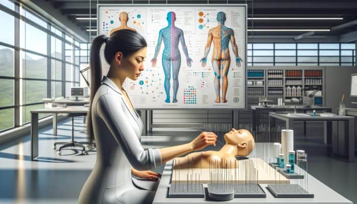 Acupuncturist student practicing needle insertion on a mannequin, surrounded by meridian and Qi flow charts in a modern classroom.