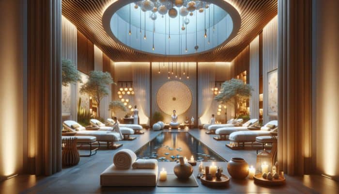 A tranquil spa scene at Awana Spa in Las Vegas, featuring massage tables, soft lighting, and a meditation area where guests relax.