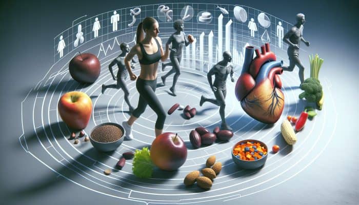 Infographic detailing diet and exercise effects on cholesterol, illustrating fats, fiber, and physical activities.