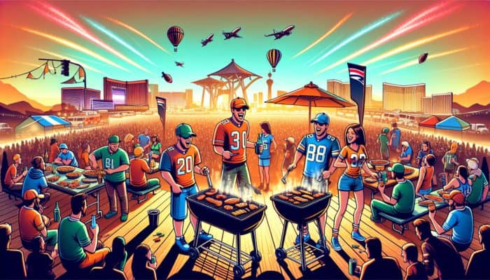 Best Las Vegas Events for Sports Fans: Fans in team colours at a vibrant tailgate party grilling snacks, with Las Vegas enhancing the Super Bowl pregame excitement.