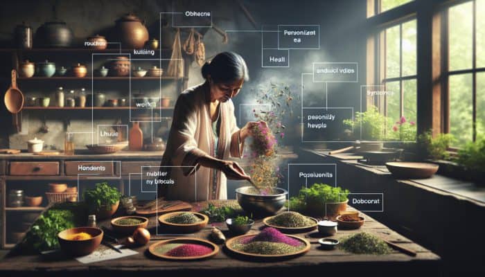 A person skillfully blending vibrant herbs into personalized wellness teas in a serene, rustic kitchen.