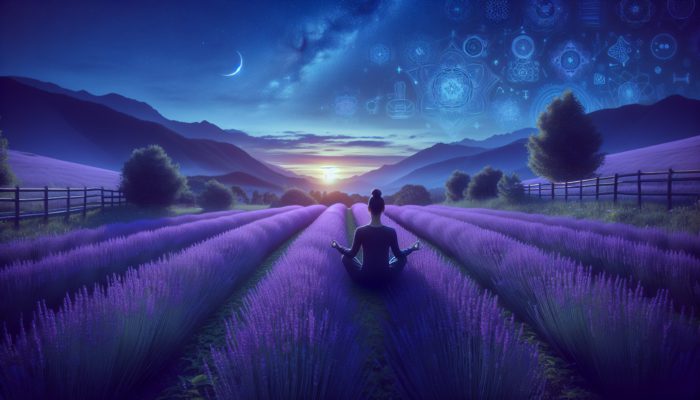 A tranquil garden at twilight featuring lavender plants and a meditating person, enveloped in serenity.